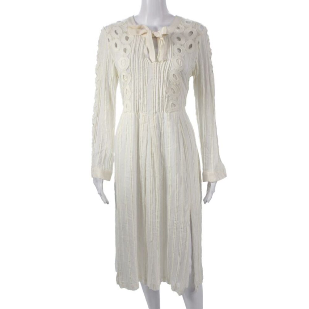 Sea Womens Shift Dress Ivory Striped Long Sleeve Tie Round Neck Midi Size 6
